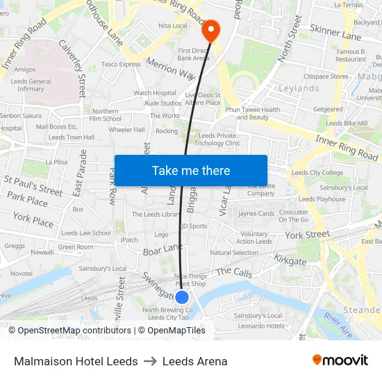 Malmaison Hotel Leeds to Leeds Arena map