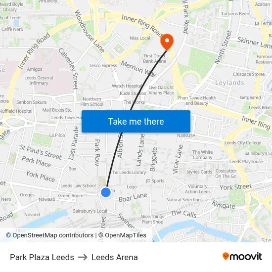Park Plaza Leeds, Park Row Financial District Leeds LS1 5DD to Leeds Arena map