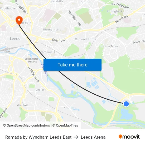 Ramada by Wyndham Leeds East to Leeds Arena map