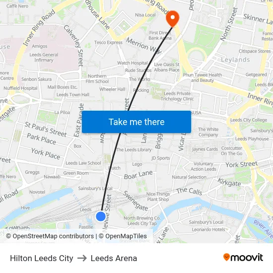 Hilton Leeds City to Leeds Arena map
