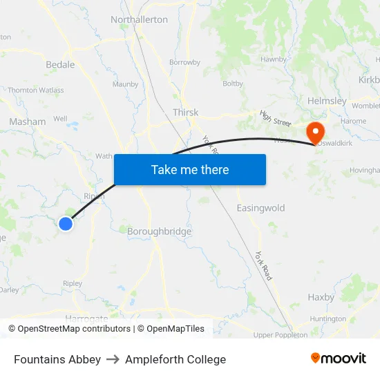 Fountains Abbey to Ampleforth College map
