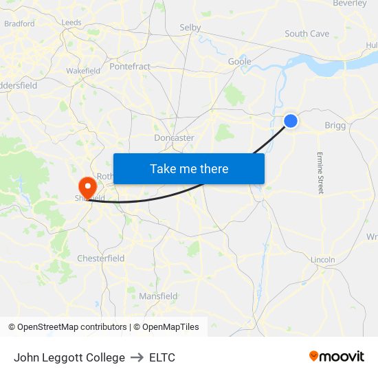 John Leggott College to ELTC map