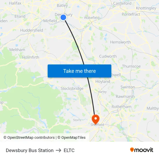 Dewsbury Bus Station to ELTC map