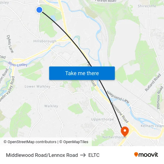 Middlewood Road/Lennox Road to ELTC map