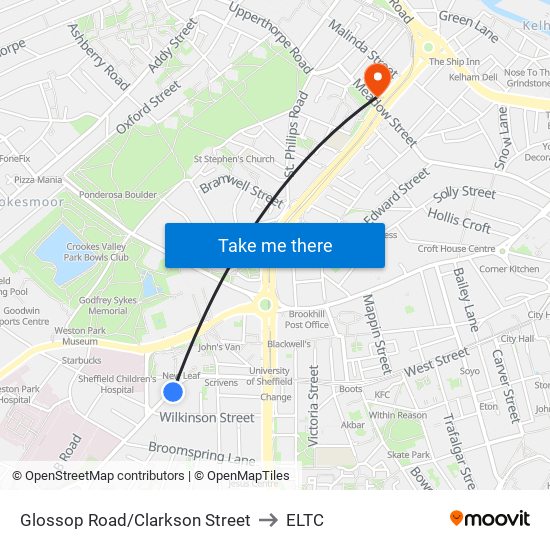 Glossop Road/Clarkson Street to ELTC map