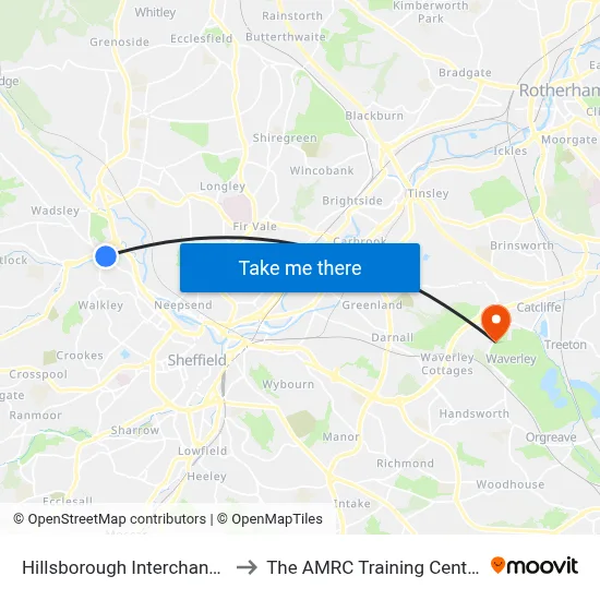 Hillsborough Interchange to The AMRC Training Centre map