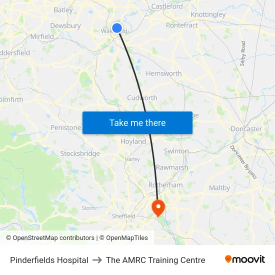 Pinderfields Hospital to The AMRC Training Centre map