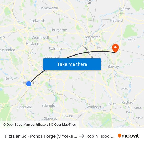 Fitzalan Sq - Ponds Forge (S Yorks Supertram), Sheffield Centre to Robin Hood Airport (DSA) map