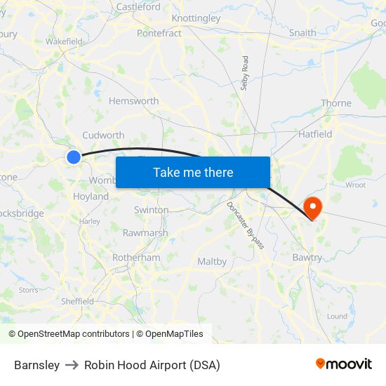 Barnsley to Robin Hood Airport (DSA) map