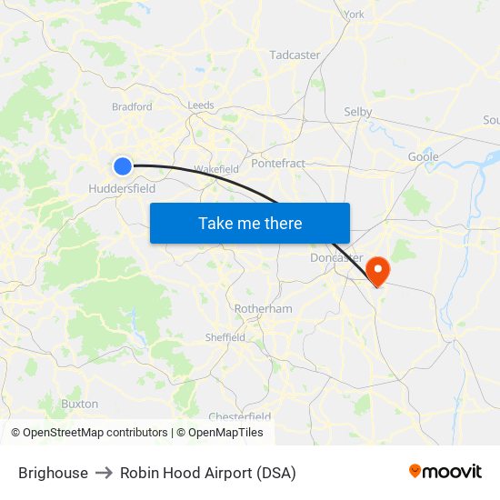 Brighouse to Robin Hood Airport (DSA) map