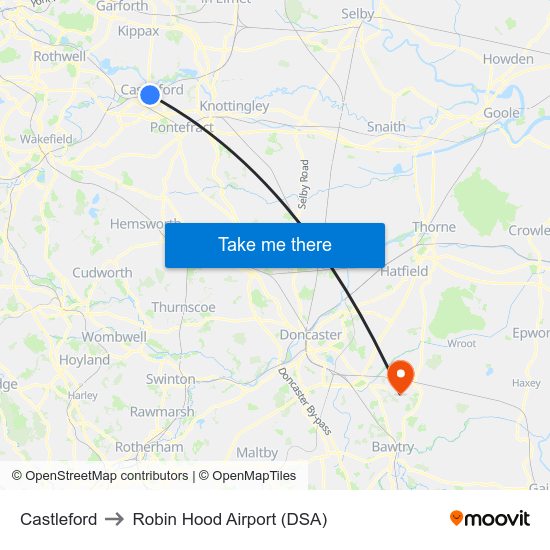 Castleford to Robin Hood Airport (DSA) map