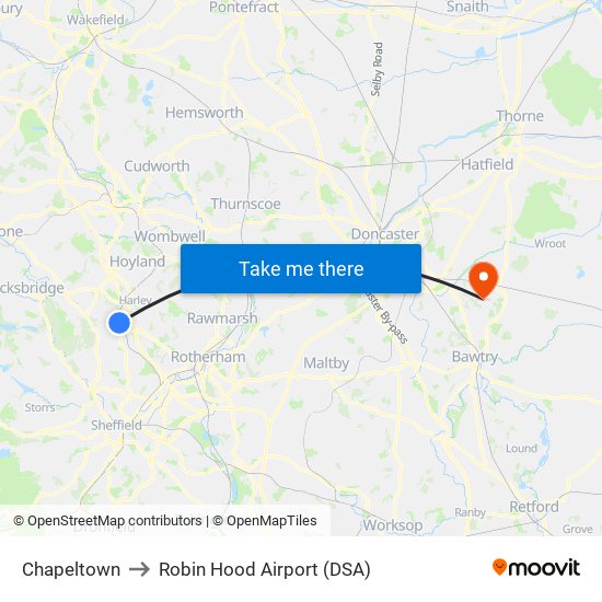 Chapeltown to Robin Hood Airport (DSA) map