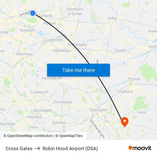 Cross Gates to Robin Hood Airport (DSA) map