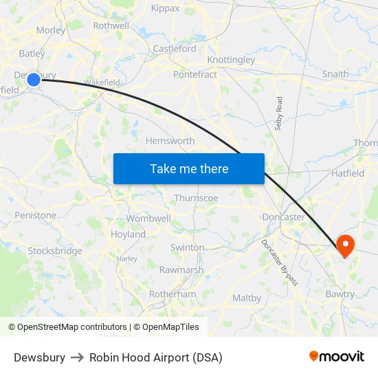Dewsbury to Robin Hood Airport (DSA) map