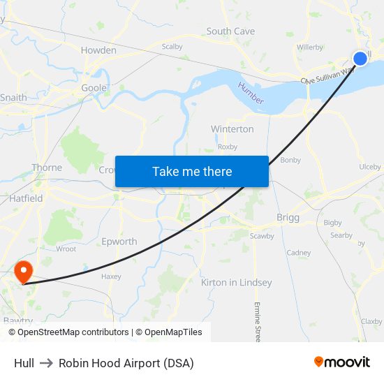Hull to Robin Hood Airport (DSA) map