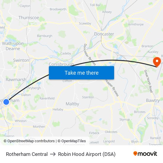 Rotherham Central to Robin Hood Airport (DSA) map