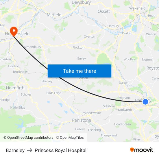 Barnsley to Princess Royal Hospital map