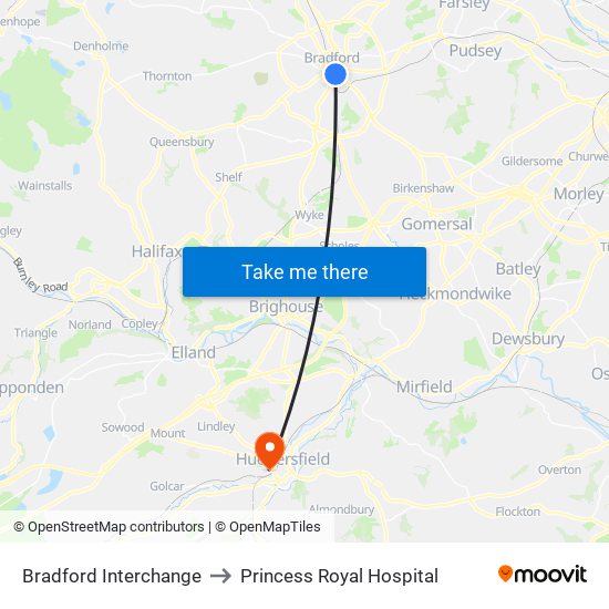 Bradford Interchange to Princess Royal Hospital map