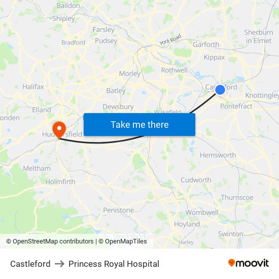 Castleford to Princess Royal Hospital map