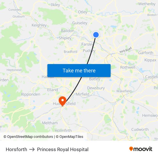 Horsforth to Princess Royal Hospital map