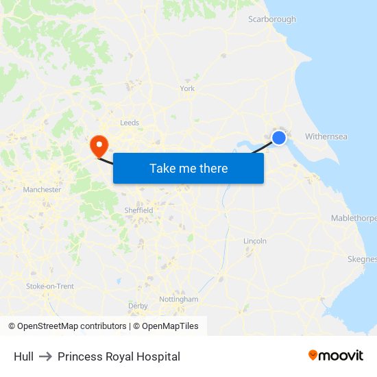 Hull to Princess Royal Hospital map