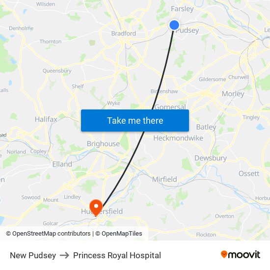 New Pudsey to Princess Royal Hospital map