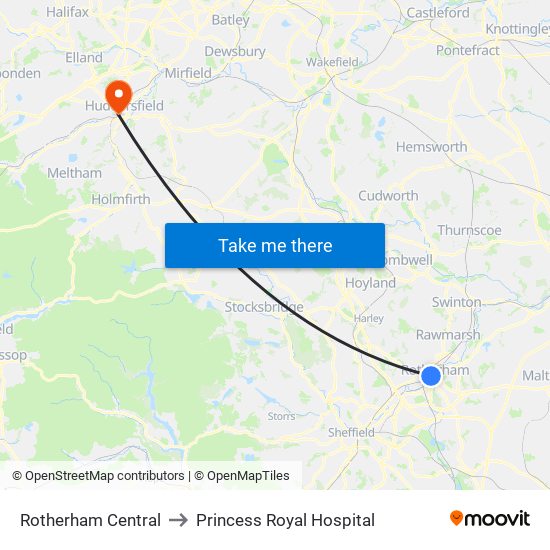 Rotherham Central to Princess Royal Hospital map