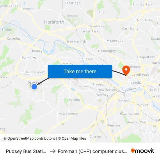Pudsey Bus Station to Foreman (O+P) computer cluster map