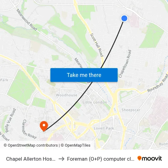 Chapel Allerton Hospital to Foreman (O+P) computer cluster map