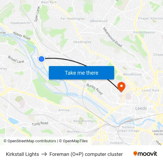 Kirkstall Lights to Foreman (O+P) computer cluster map