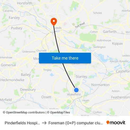 Pinderfields Hospital to Foreman (O+P) computer cluster map