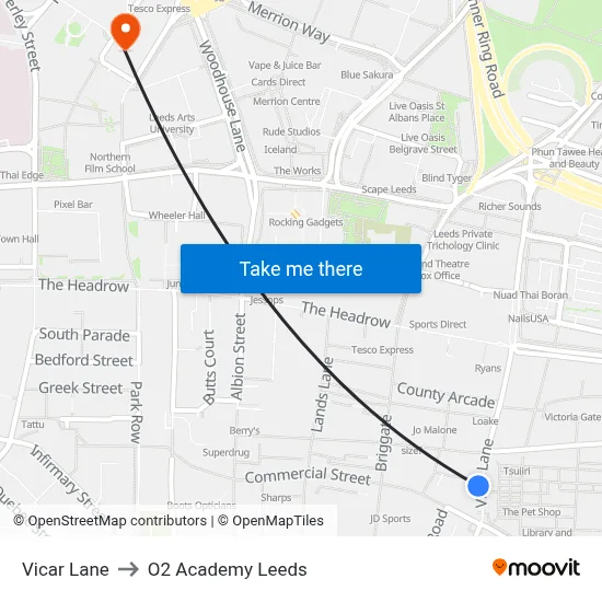 Vicar Lane to O2 Academy Leeds map