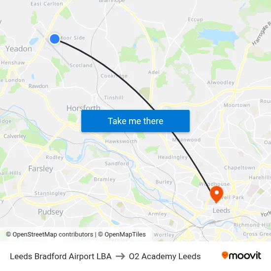 Leeds Bradford Airport LBA to O2 Academy Leeds map