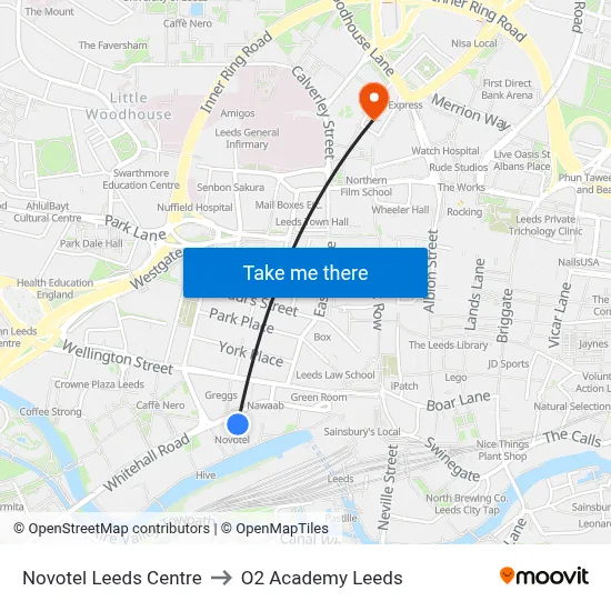 Novotel Leeds Centre to O2 Academy Leeds map