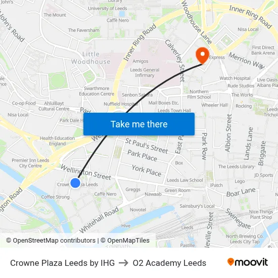 Crowne Plaza Leeds by IHG to O2 Academy Leeds map