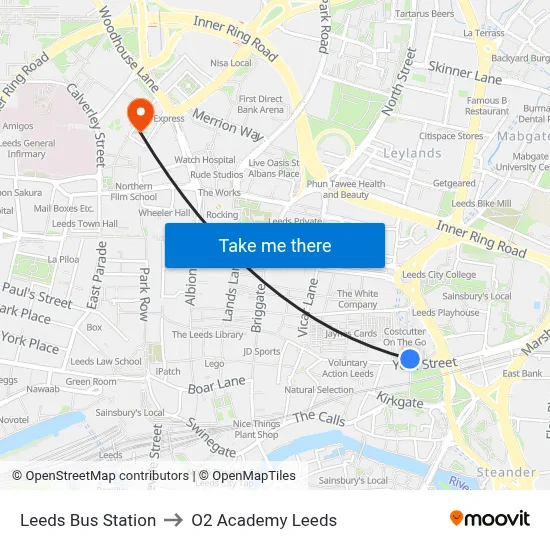 Leeds Bus Station to O2 Academy Leeds map