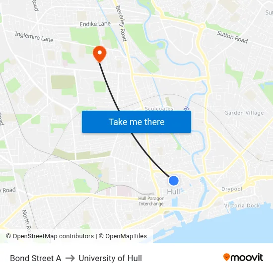 Bond Street A to University of Hull map