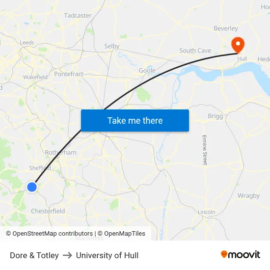 Dore & Totley to University of Hull map