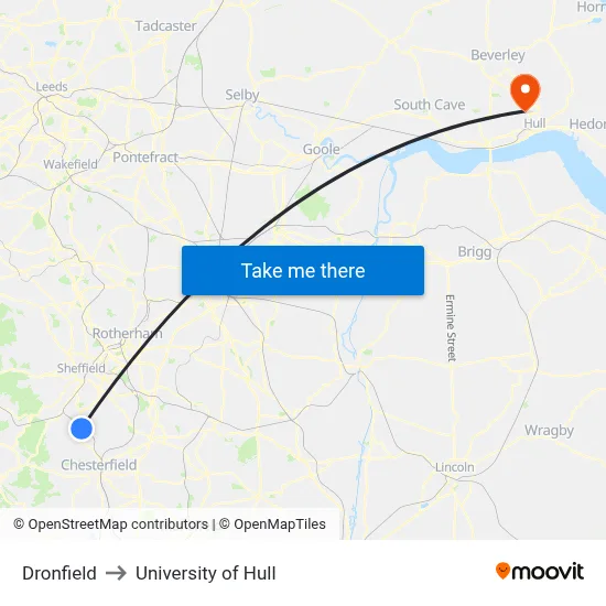 Dronfield to University of Hull map