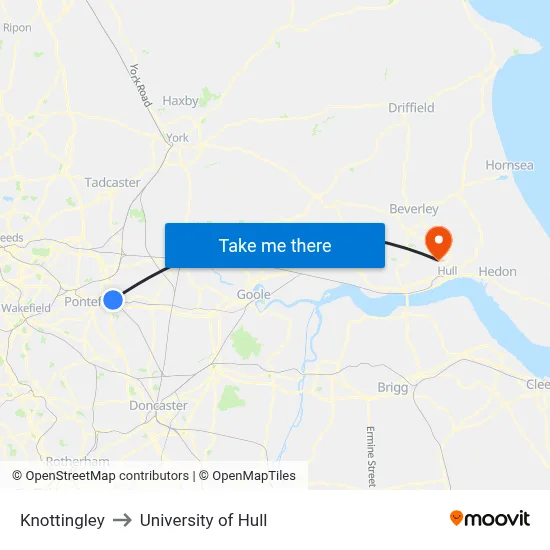 Knottingley to University of Hull map