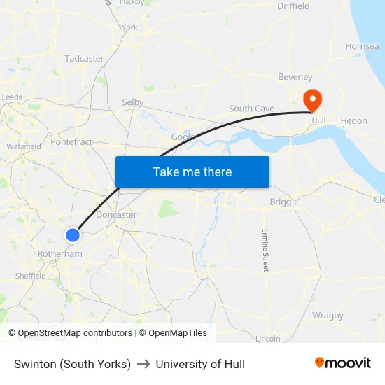Swinton (South Yorks) to University of Hull map