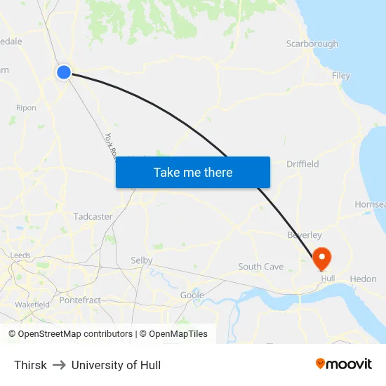 Thirsk to University of Hull map
