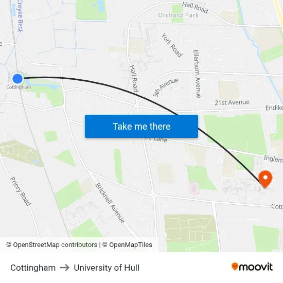 Cottingham to University of Hull map