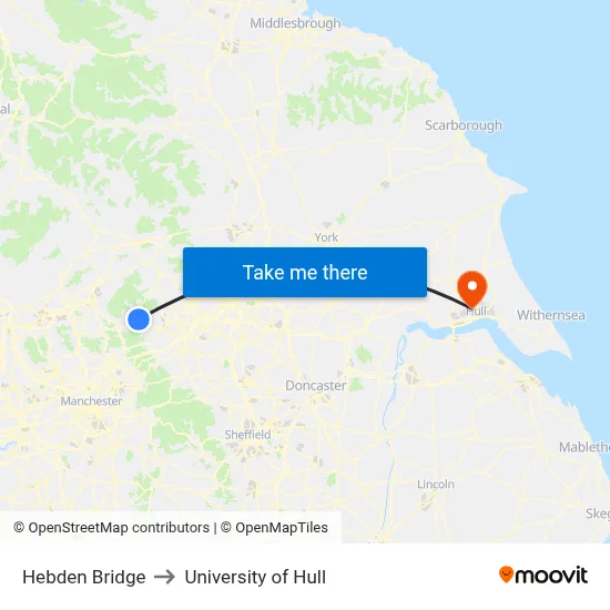 Hebden Bridge to University of Hull map