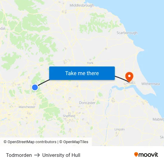 Todmorden to University of Hull map