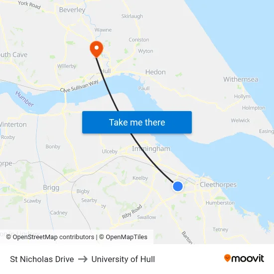 St Nicholas Drive to University of Hull map