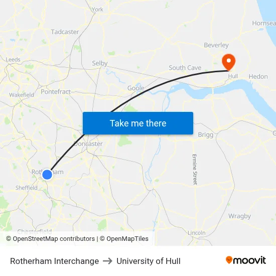 Rotherham Interchange to University of Hull map