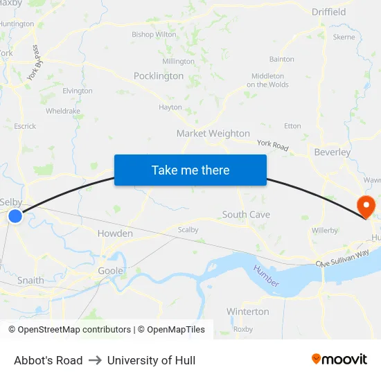Abbot's Road to University of Hull map