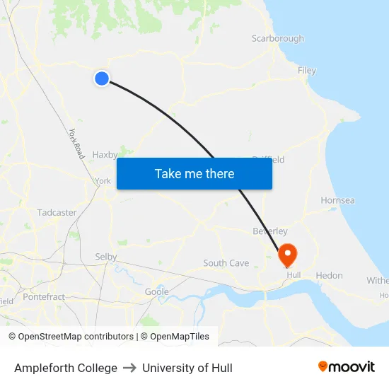 Ampleforth College to University of Hull map