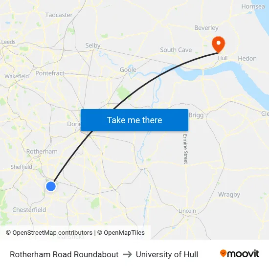 Rotherham Road Roundabout to University of Hull map